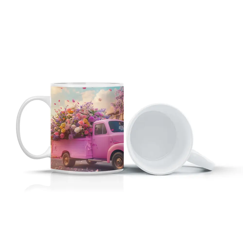 Pink Truck Overflowing With Colorful Spring Flowers – Mugs