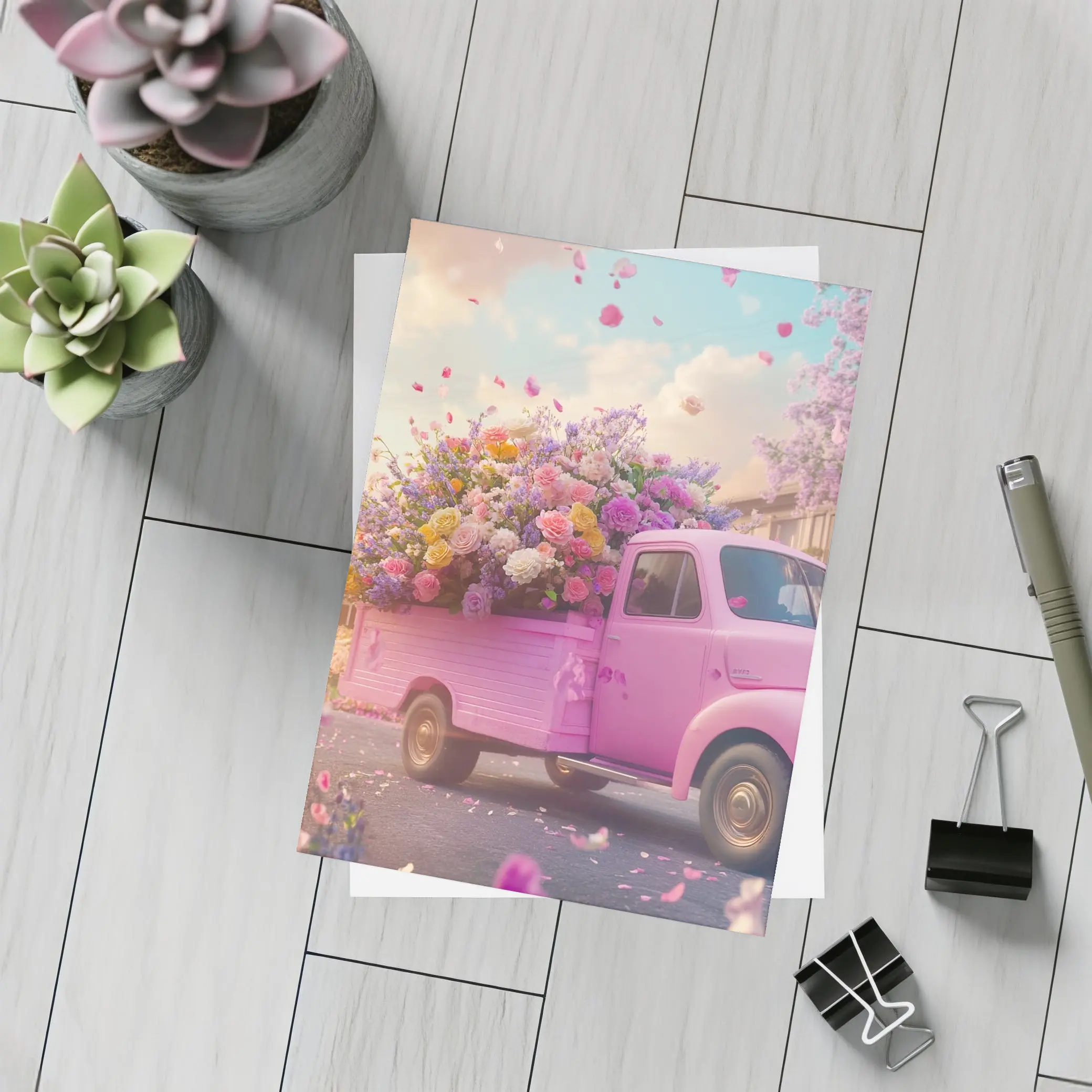 Pink Truck Overflowing With Colorful Spring Flowers – Postcards