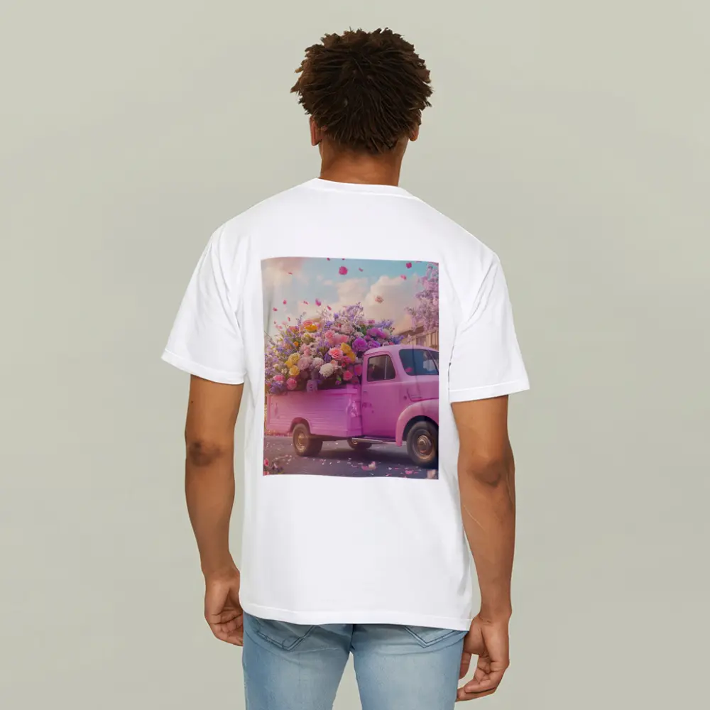 Pink Truck Overflowing With Colorful Spring Flowers – T-Shirts