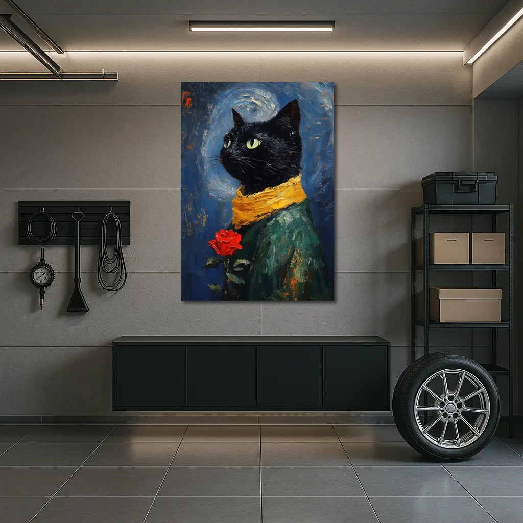 Black Cat With Rose Oil Painting Blue – Wall Art