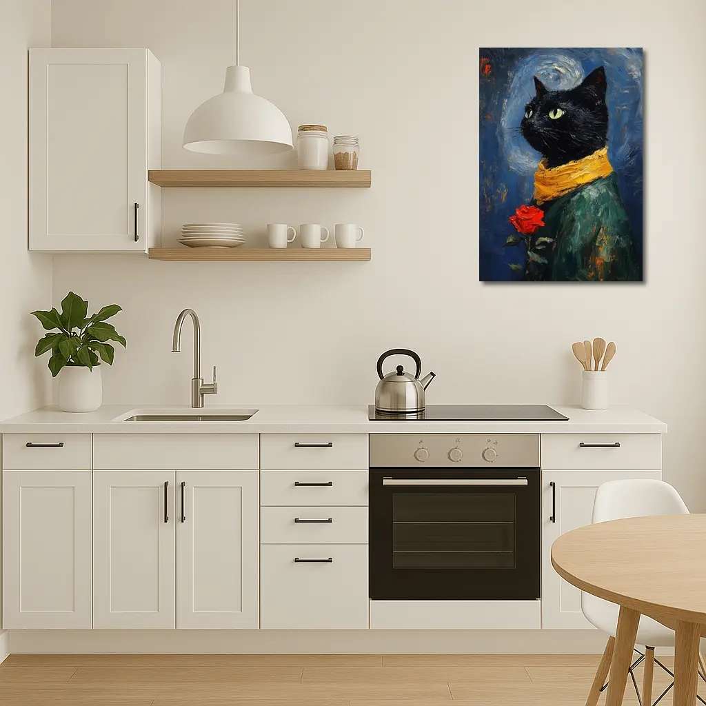 Black Cat With Rose Oil Painting Blue – Wall Art