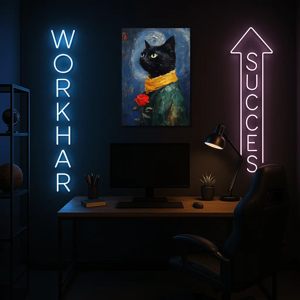 Black Cat With Rose Oil Painting Blue – Wall Art