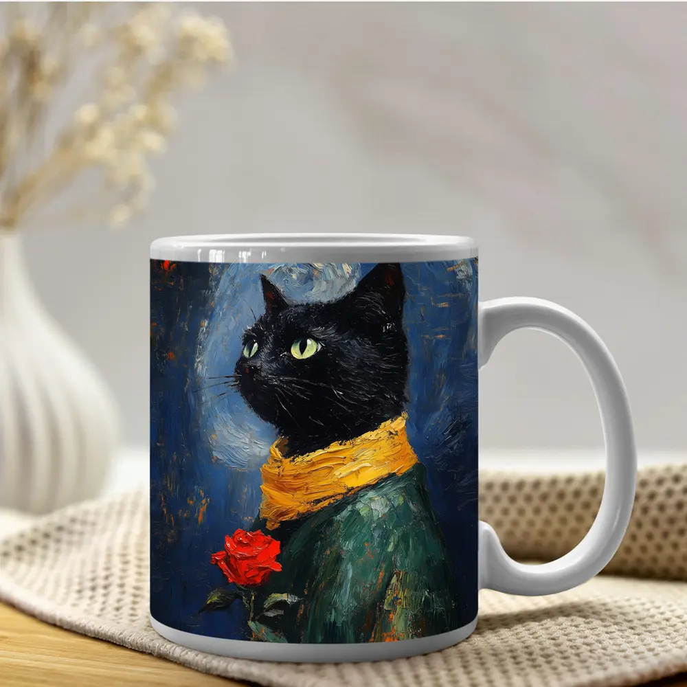 Black Cat With Rose Oil Painting Blue – Mugs
