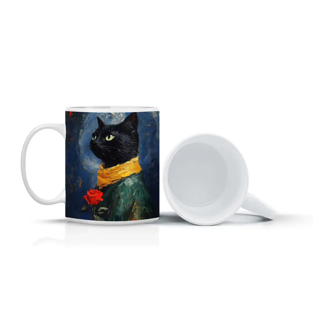 Black Cat With Rose Oil Painting Blue – Mugs