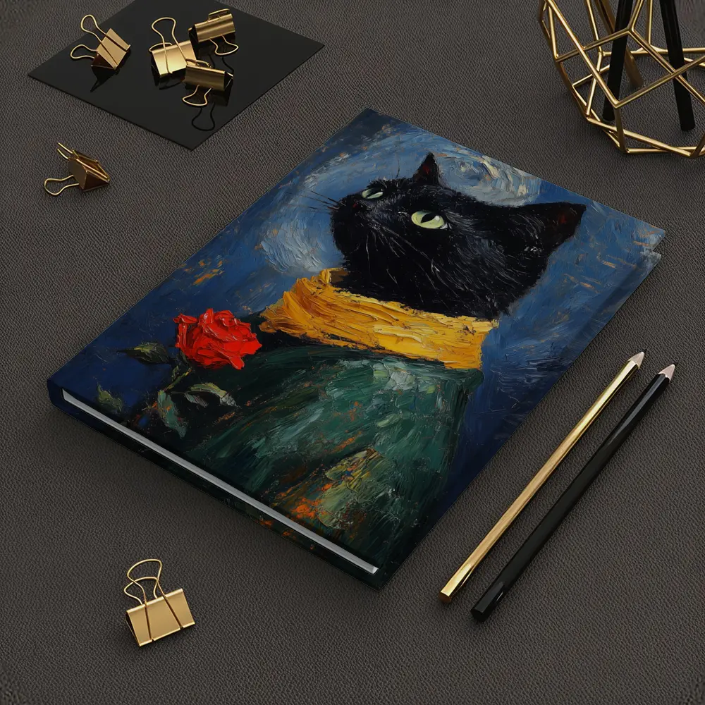 Black Cat With Rose Oil Painting Blue – Notebooks