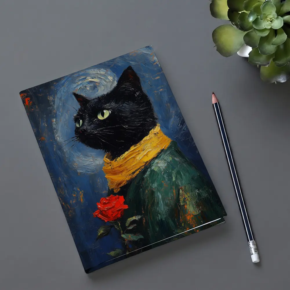 Black Cat With Rose Oil Painting Blue – Notebooks