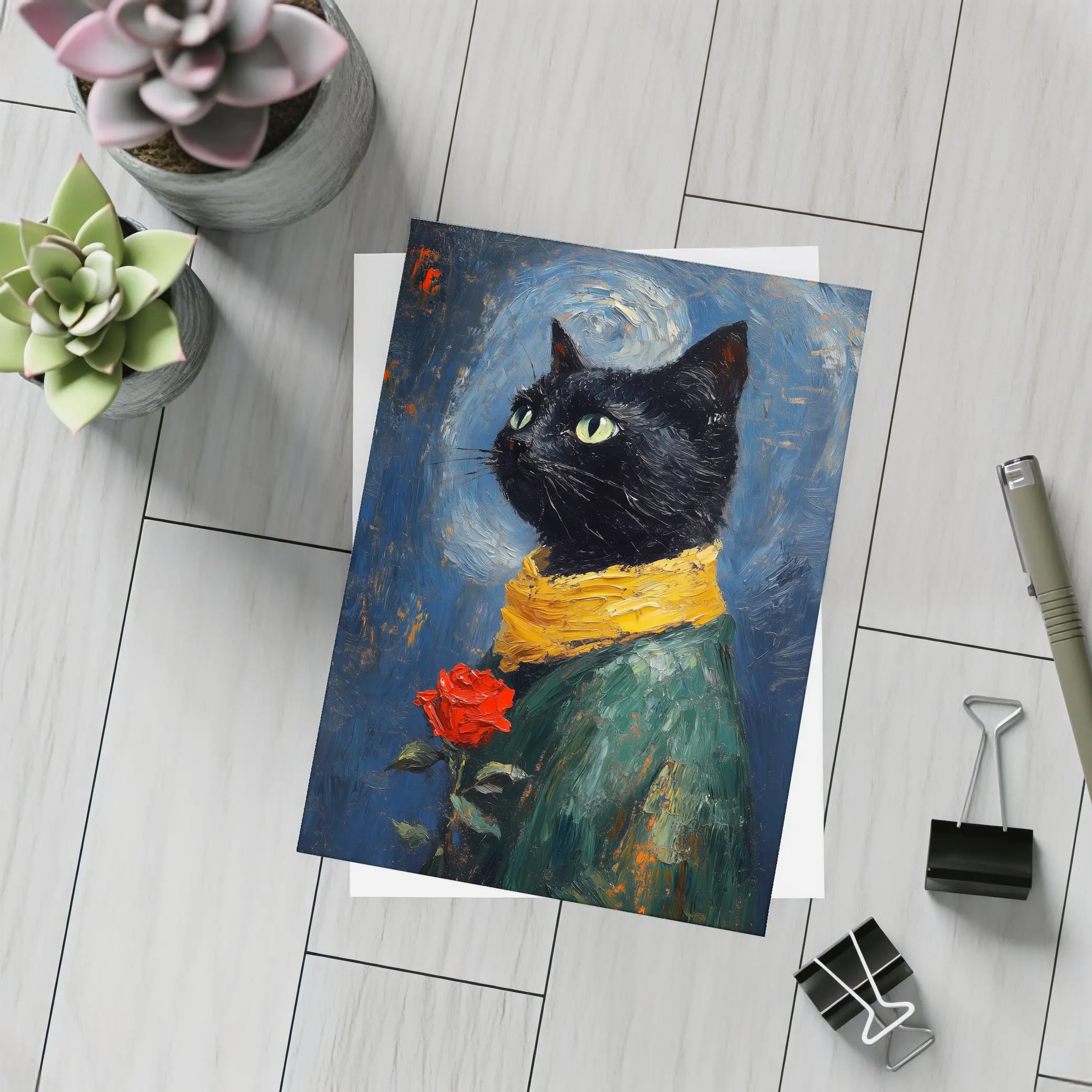 Black Cat With Rose Oil Painting Blue – Postcards