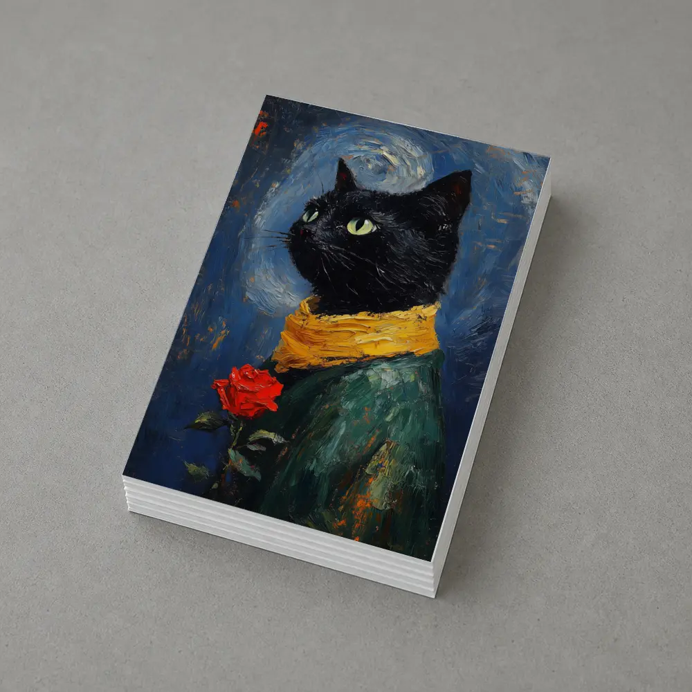 Black Cat With Rose Oil Painting Blue – Postcards