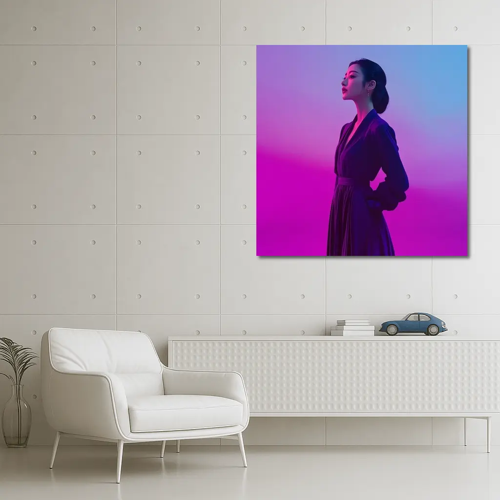 Asian Woman Purple Dress Neon Gradient Background – Wall Art