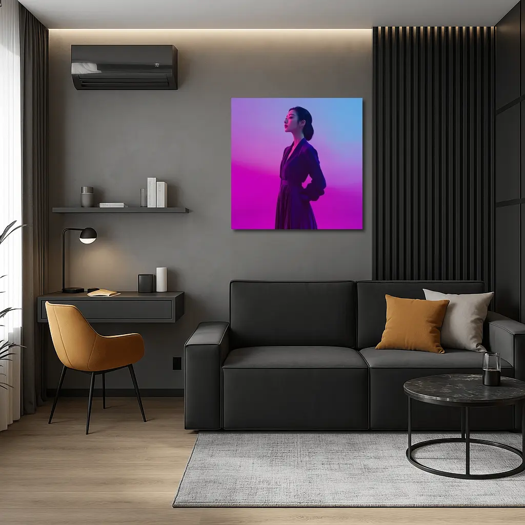 Asian Woman Purple Dress Neon Gradient Background – Wall Art