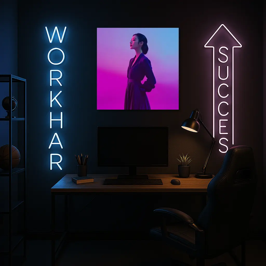 Asian Woman Purple Dress Neon Gradient Background – Wall Art