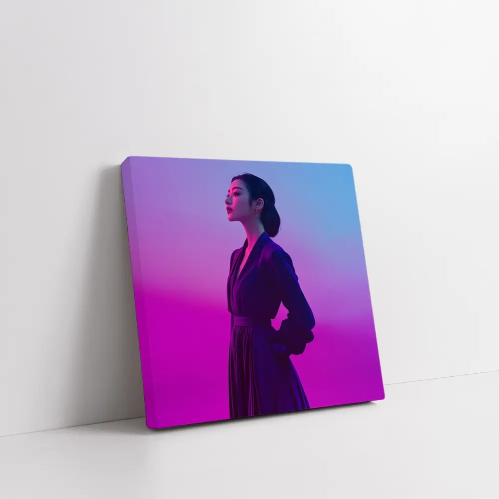 Asian Woman Purple Dress Neon Gradient Background – Wall Art