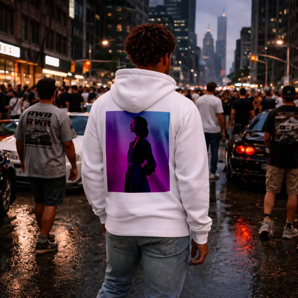 Asian Woman Purple Dress Neon Gradient Background – Hoodies