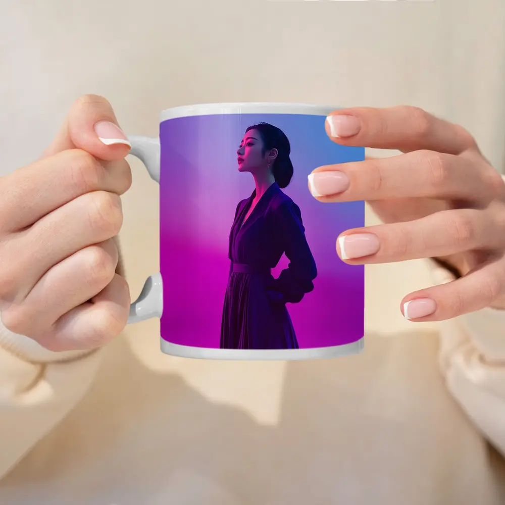 Asian Woman Purple Dress Neon Gradient Background – Mugs