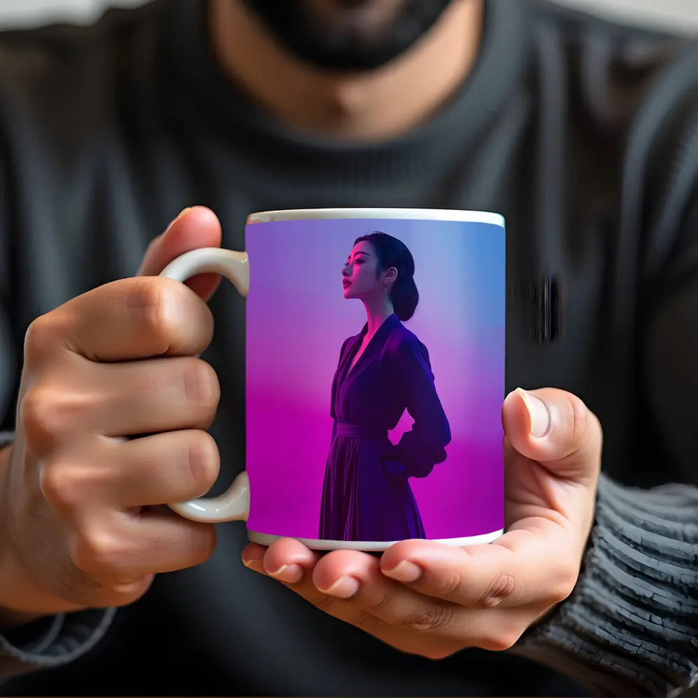 Asian Woman Purple Dress Neon Gradient Background – Mugs