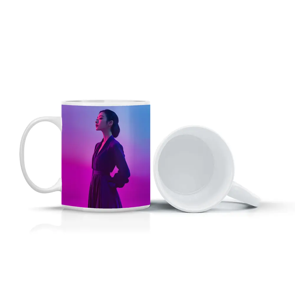 Asian Woman Purple Dress Neon Gradient Background – Mugs