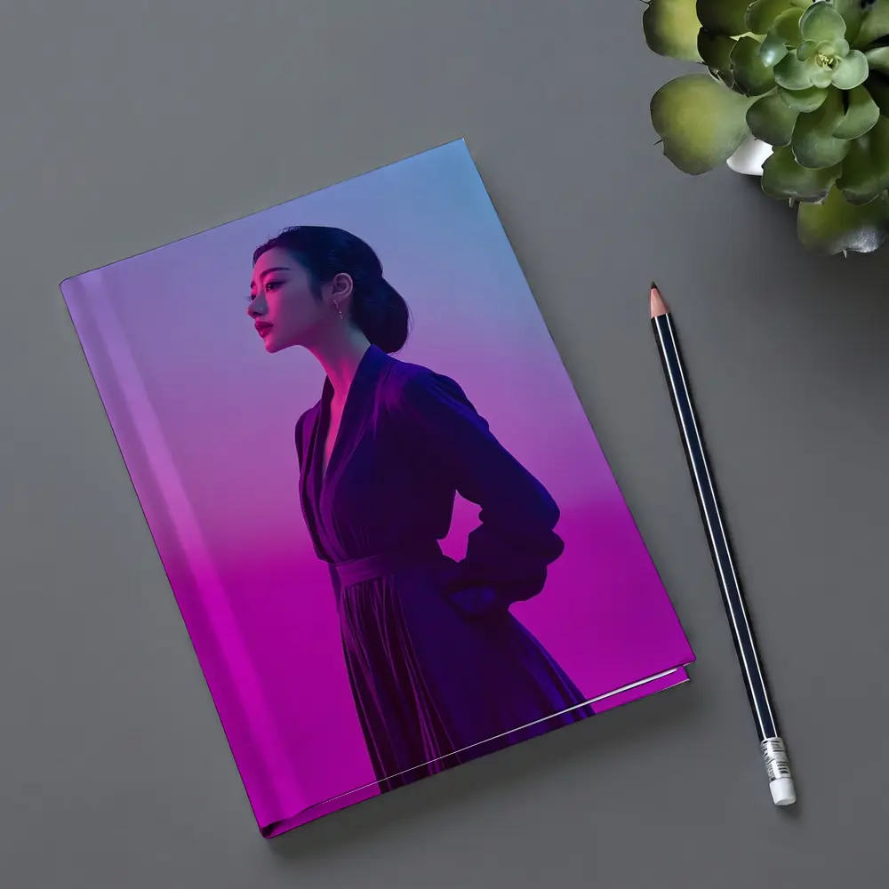 Asian Woman Purple Dress Neon Gradient Background – Notebooks