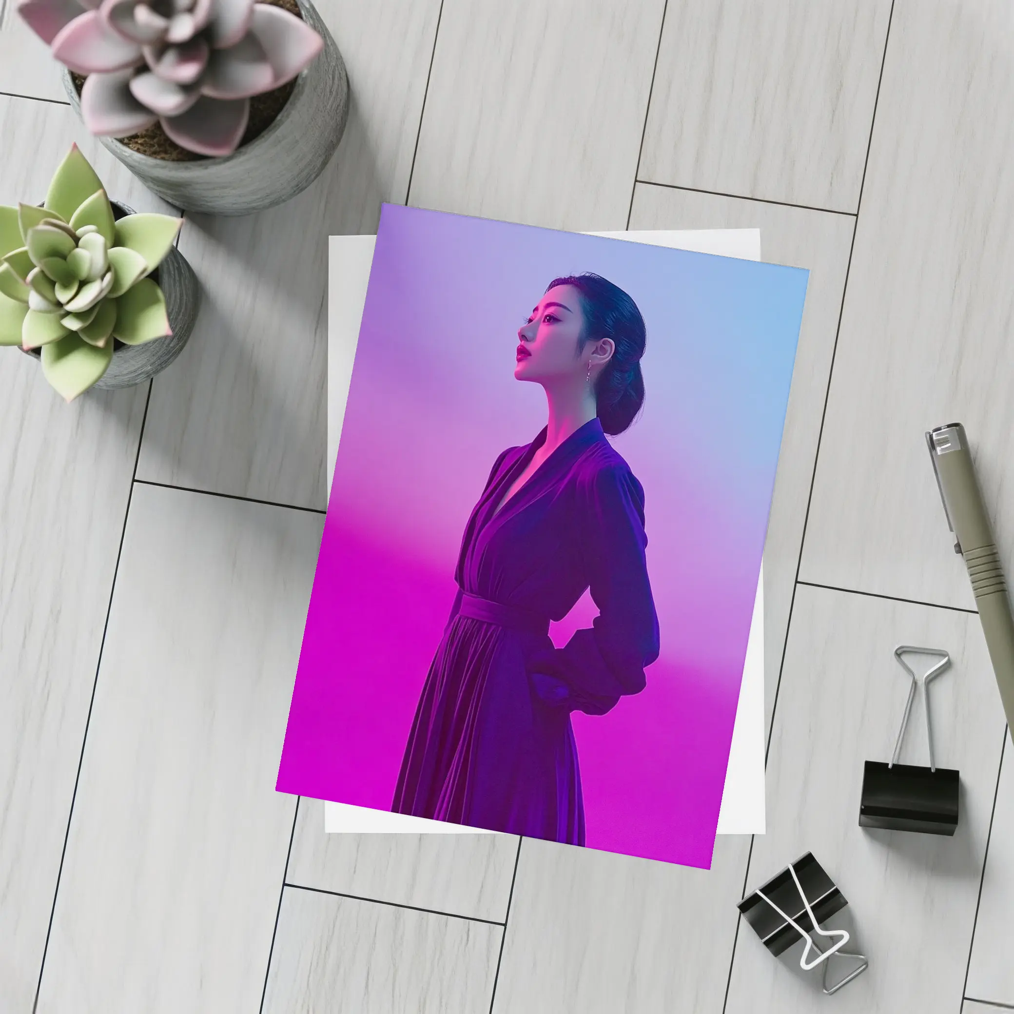 Asian Woman Purple Dress Neon Gradient Background – Postcards