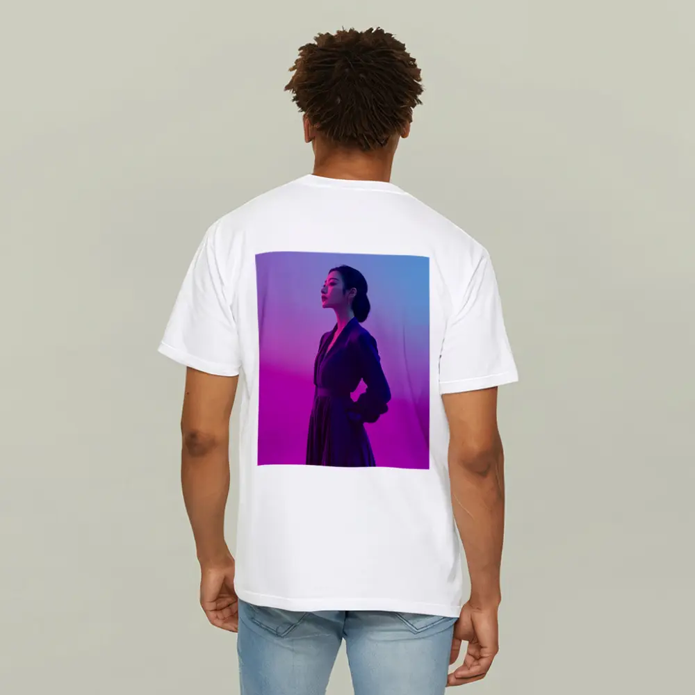 Asian Woman Purple Dress Neon Gradient Background – T-Shirts