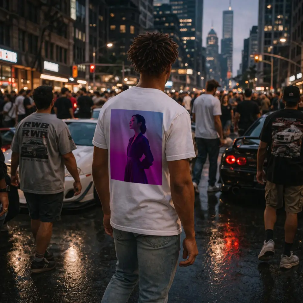 Asian Woman Purple Dress Neon Gradient Background – T-Shirts