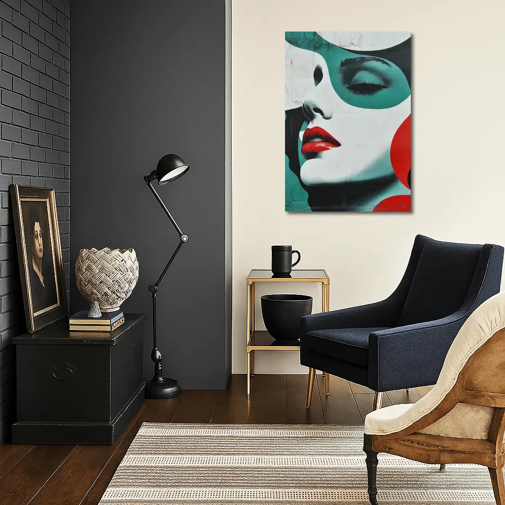 Pop Art Woman Face Red Lips Teal – Wall Art