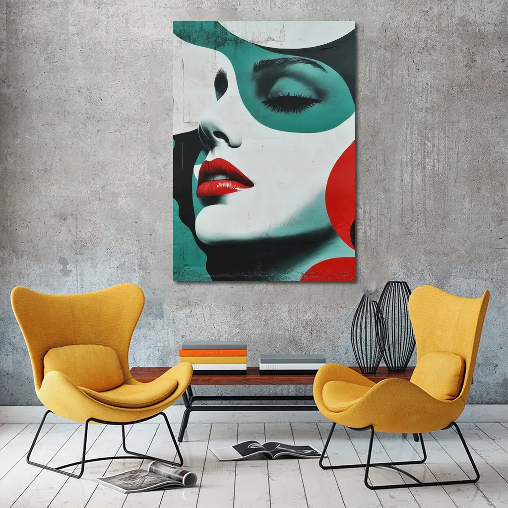 Pop Art Woman Face Red Lips Teal – Wall Art