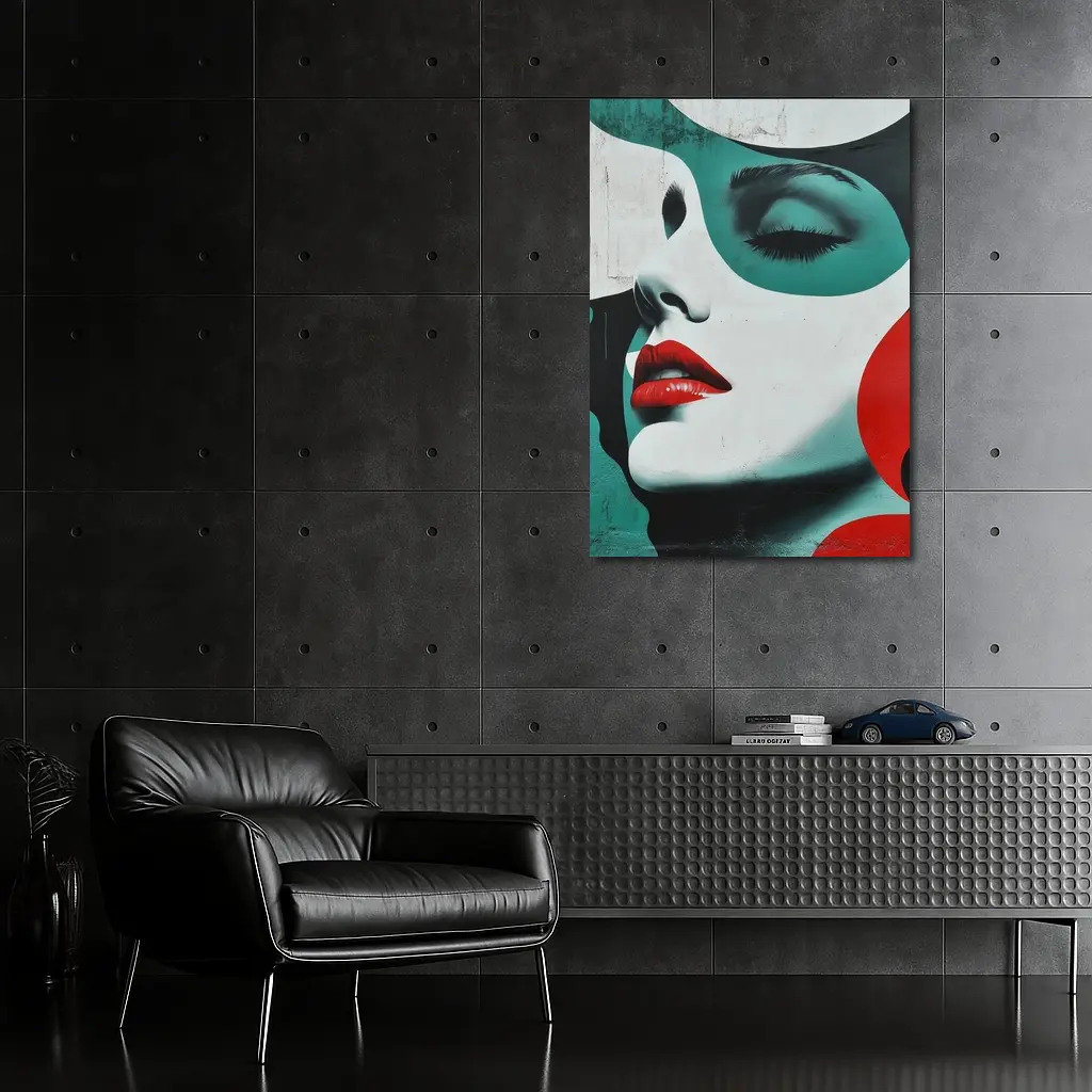 Pop Art Woman Face Red Lips Teal – Wall Art