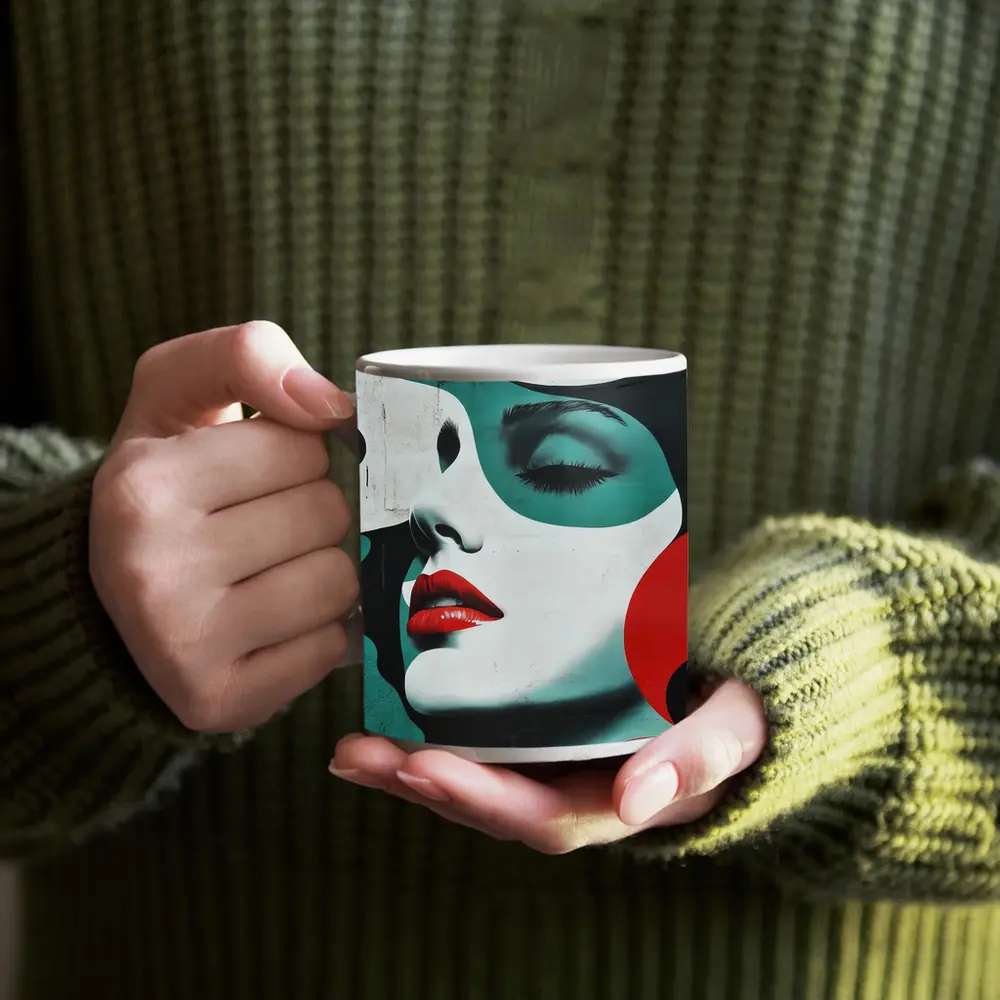 Pop Art Woman Face Red Lips Teal – Mugs