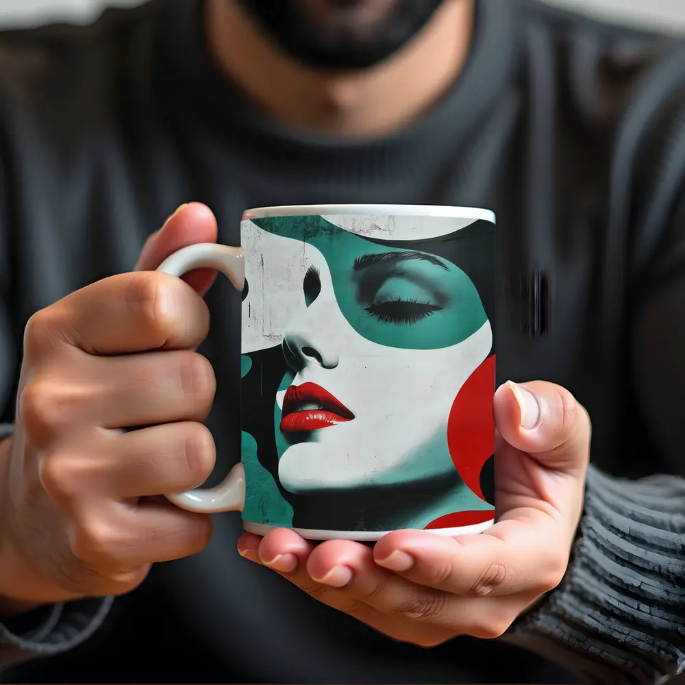 Pop Art Woman Face Red Lips Teal – Mugs