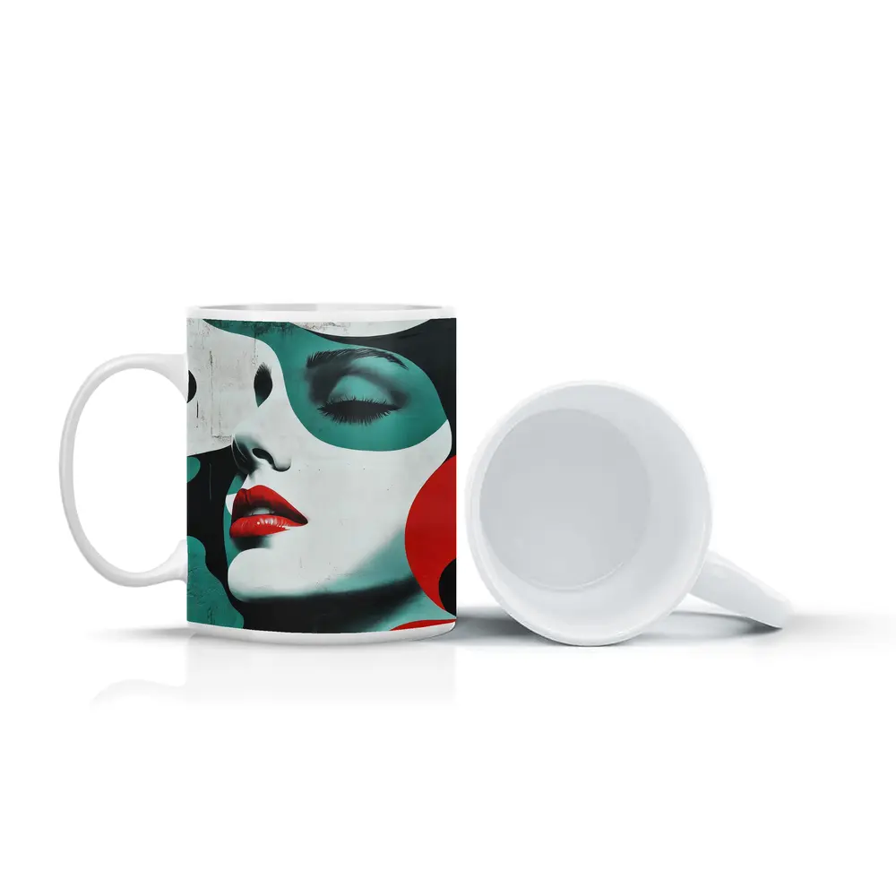 Pop Art Woman Face Red Lips Teal – Mugs