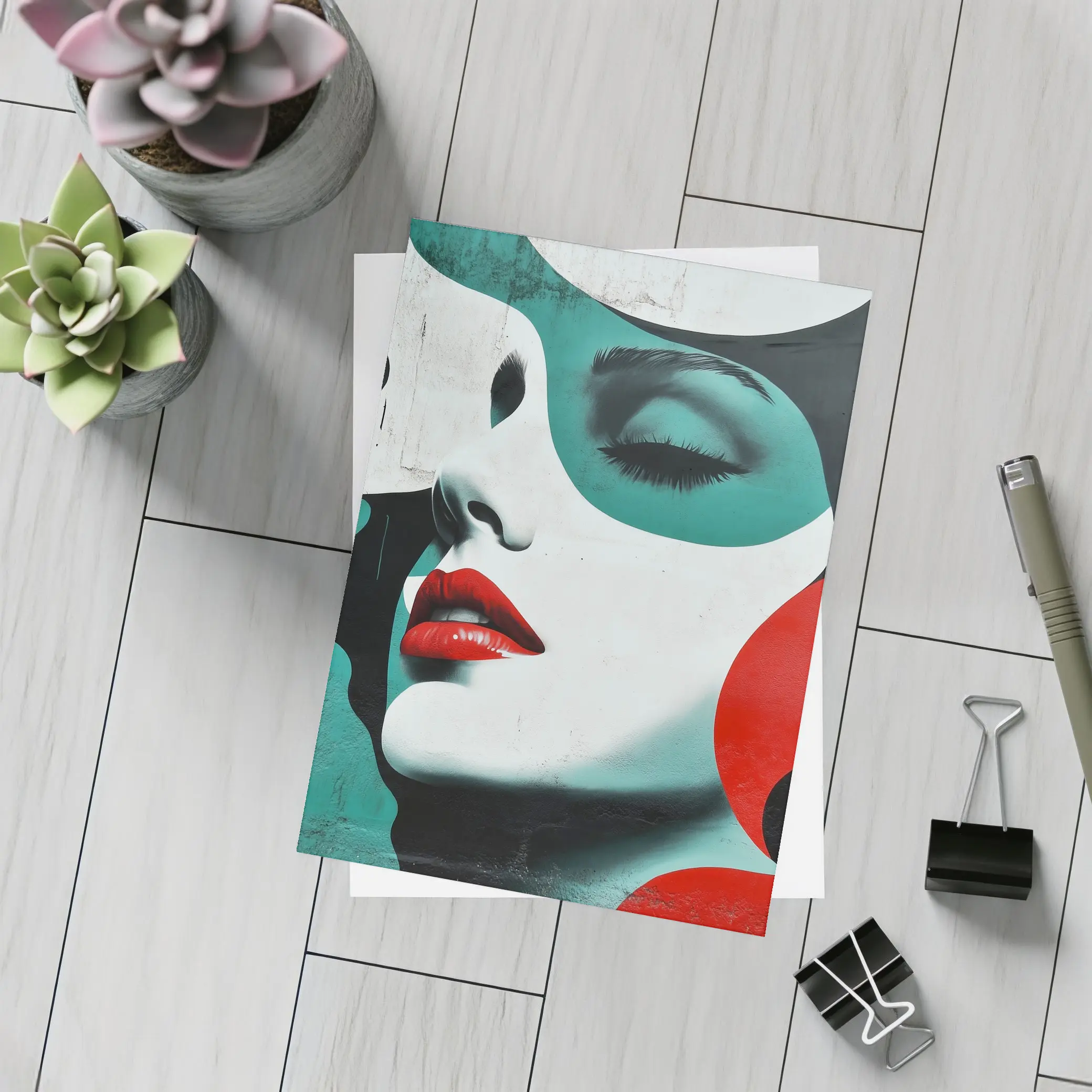 Pop Art Woman Face Red Lips Teal – Postcards