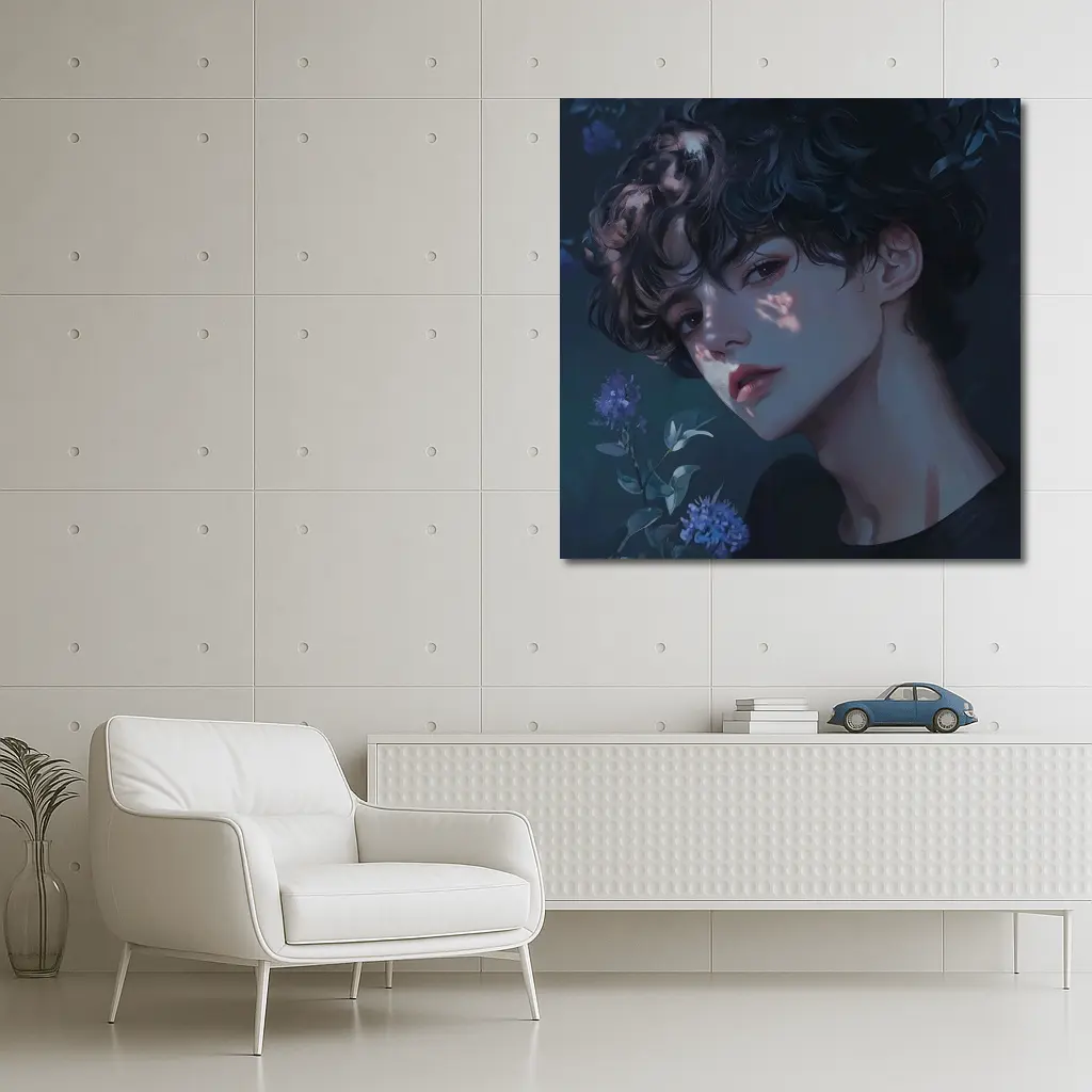 Anime Boy Dark Floral Blue Illustration – Wall Art