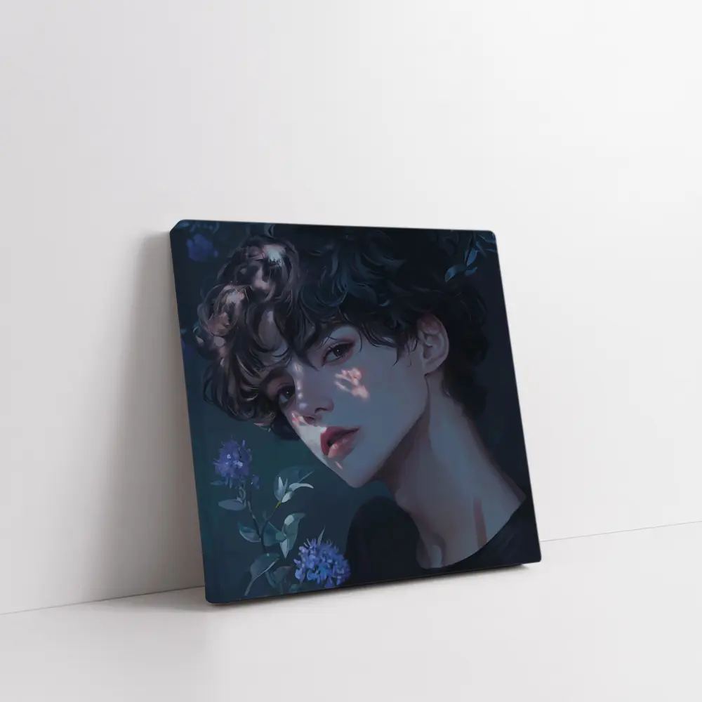 Anime Boy Dark Floral Blue Illustration – Wall Art
