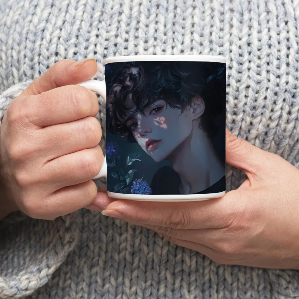 Anime Boy Dark Floral Blue Illustration – Mugs