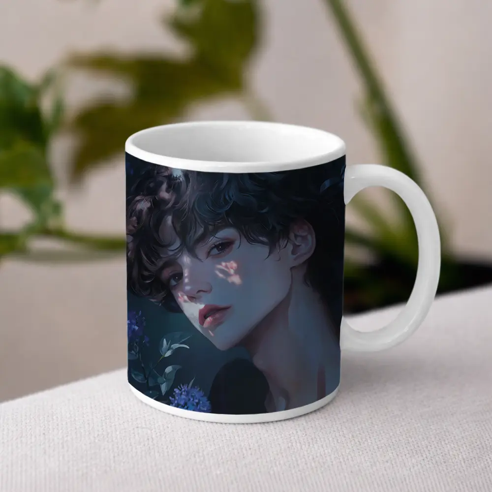 Anime Boy Dark Floral Blue Illustration – Mugs