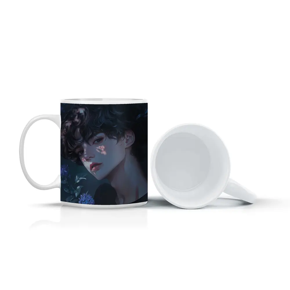 Anime Boy Dark Floral Blue Illustration – Mugs