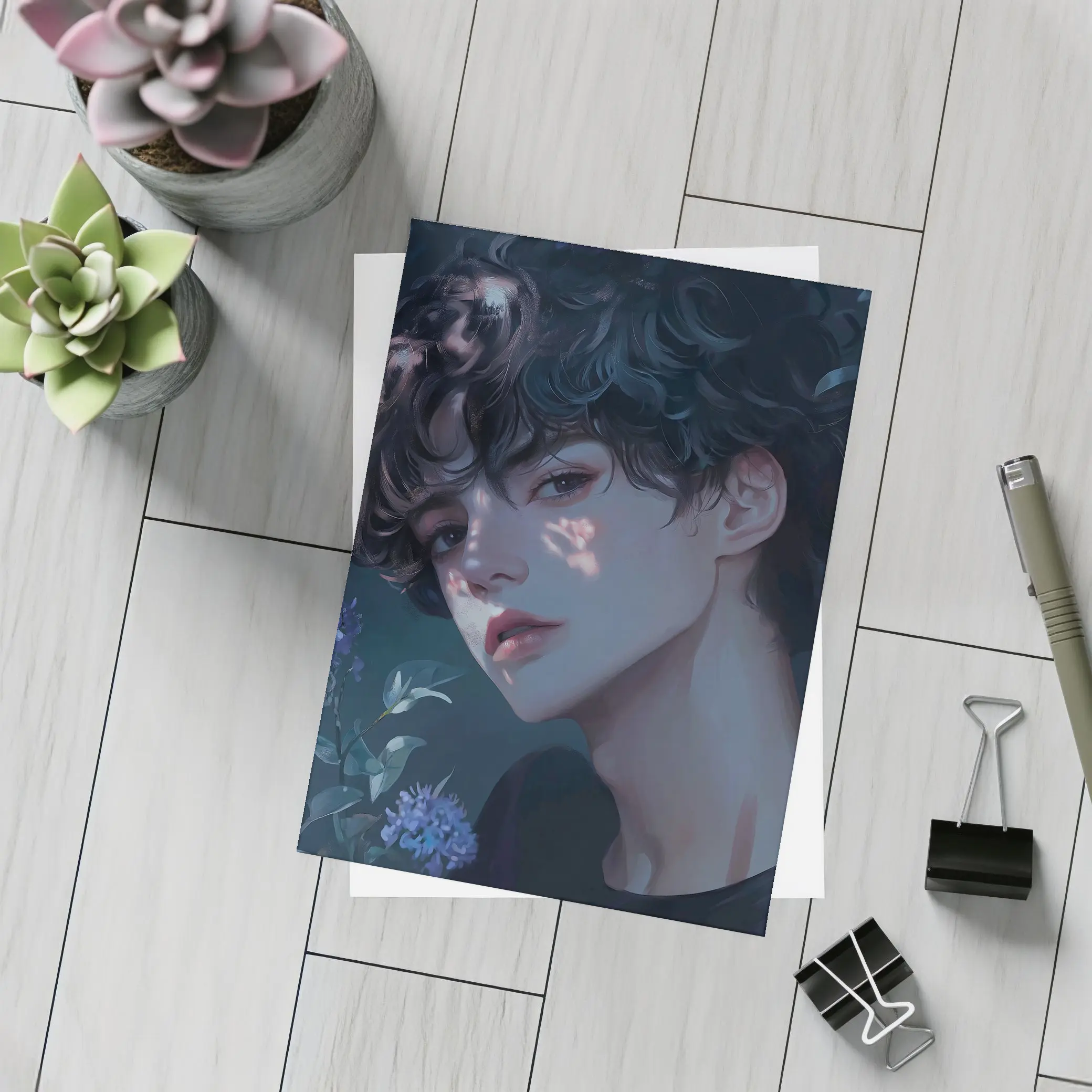 Anime Boy Dark Floral Blue Illustration – Postcards