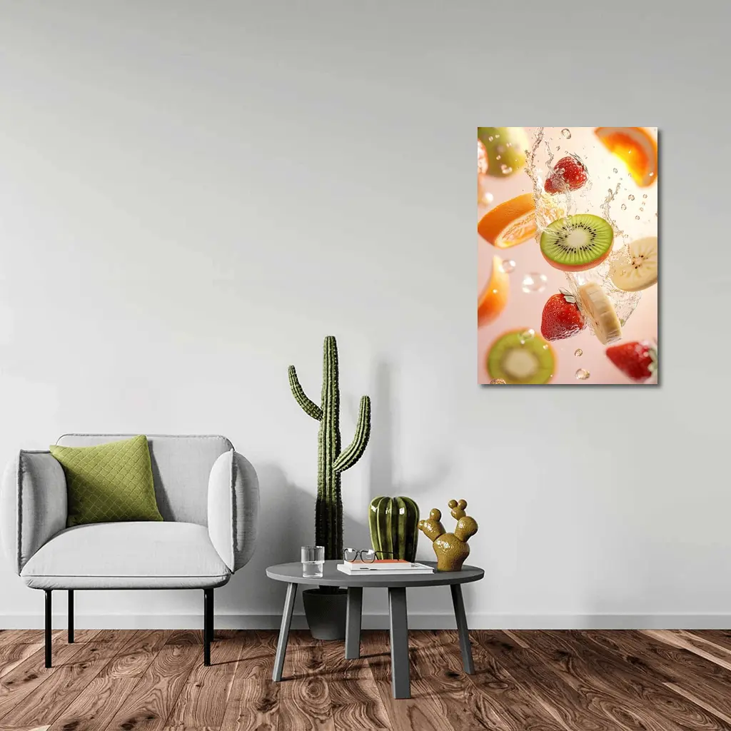 Fresh Fruits Splashing Water Pink Background – Wall Art