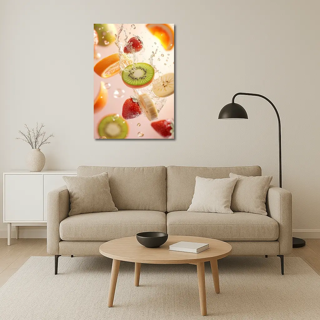 Fresh Fruits Splashing Water Pink Background – Wall Art