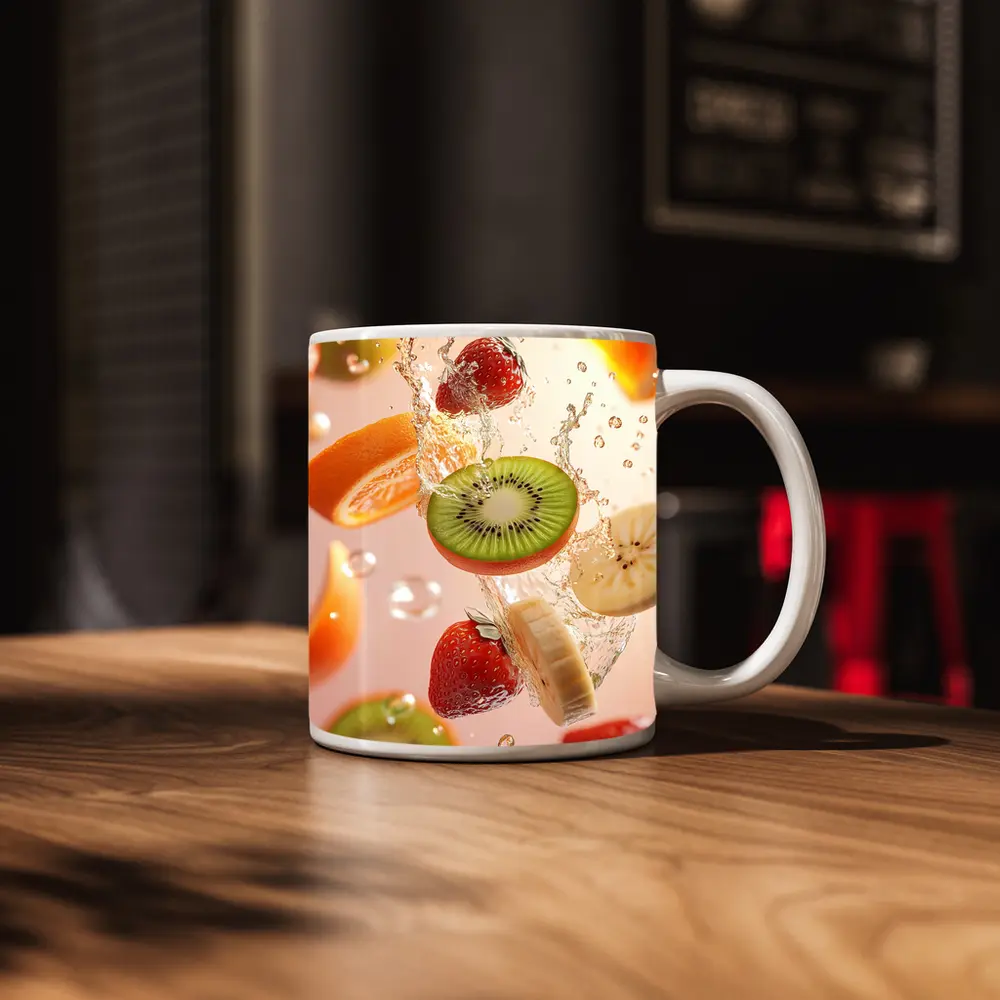 Fresh Fruits Splashing Water Pink Background – Mugs