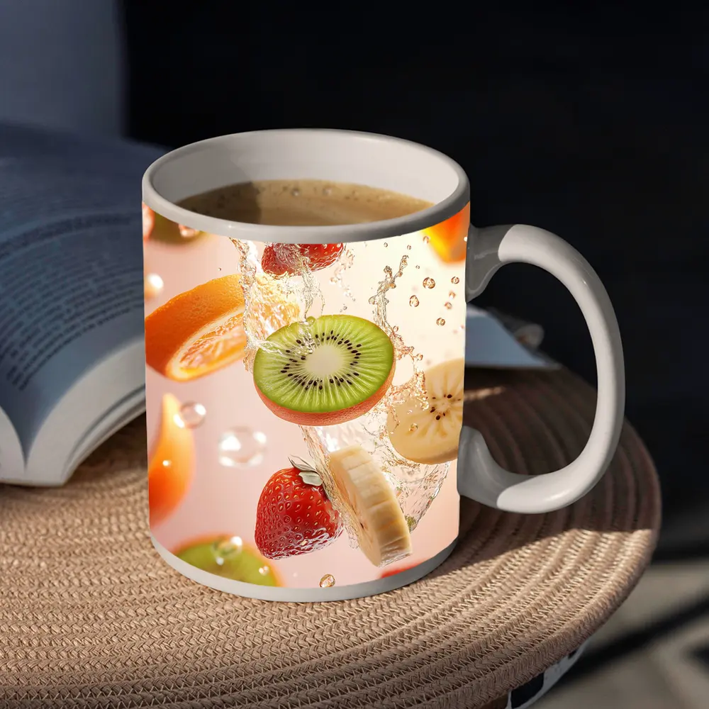 Fresh Fruits Splashing Water Pink Background – Mugs