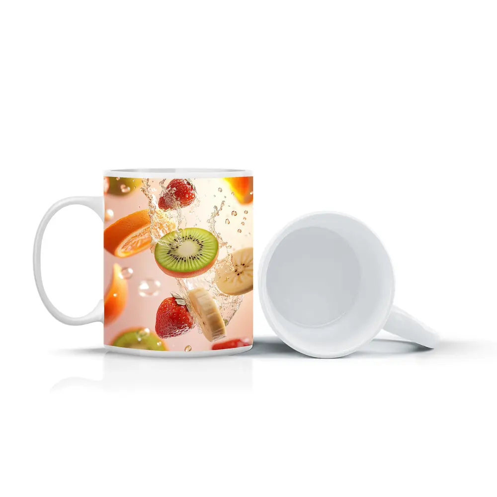 Fresh Fruits Splashing Water Pink Background – Mugs