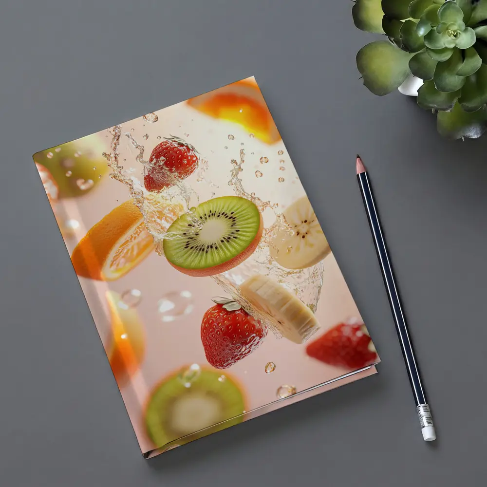 Fresh Fruits Splashing Water Pink Background – Notebooks