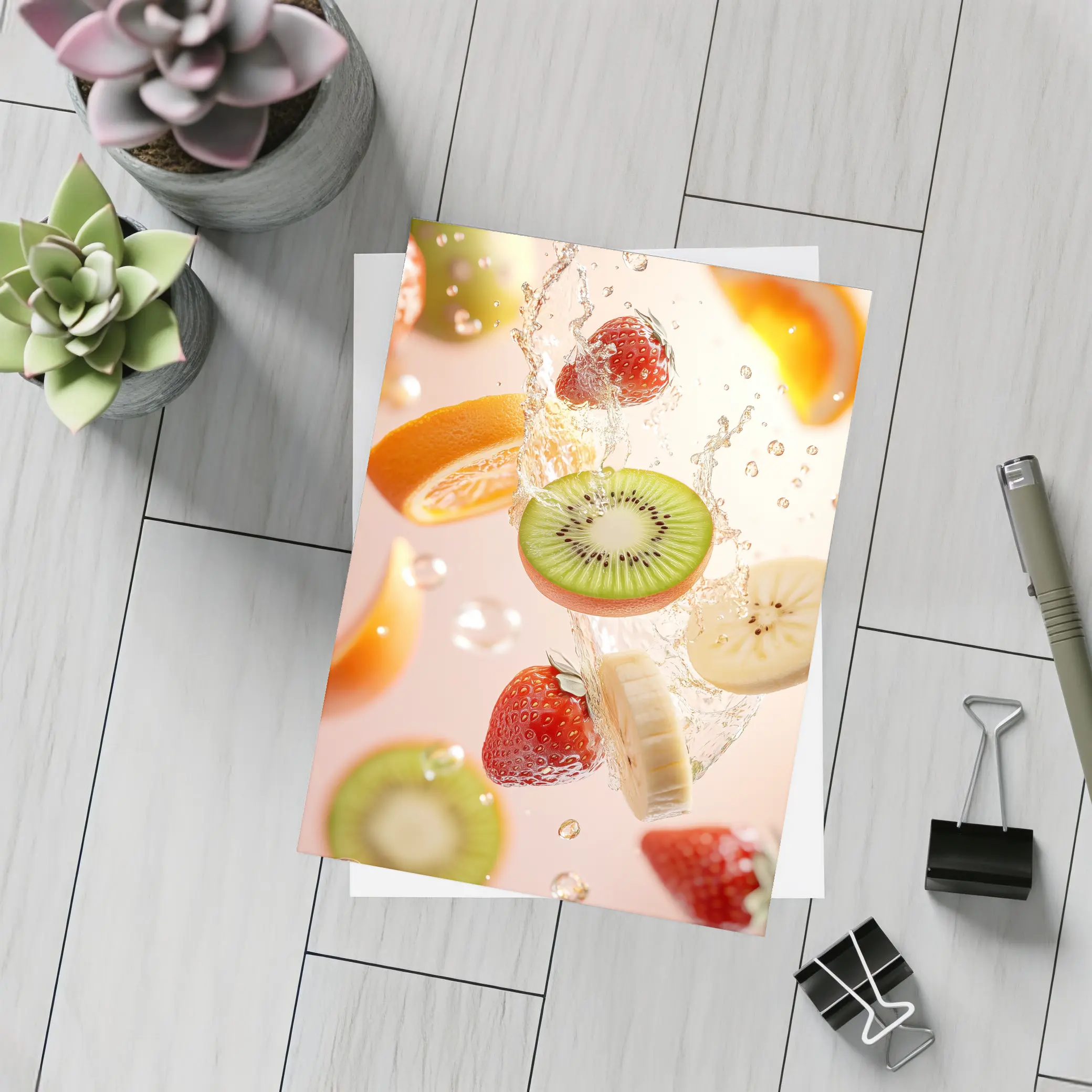 Fresh Fruits Splashing Water Pink Background – Postcards
