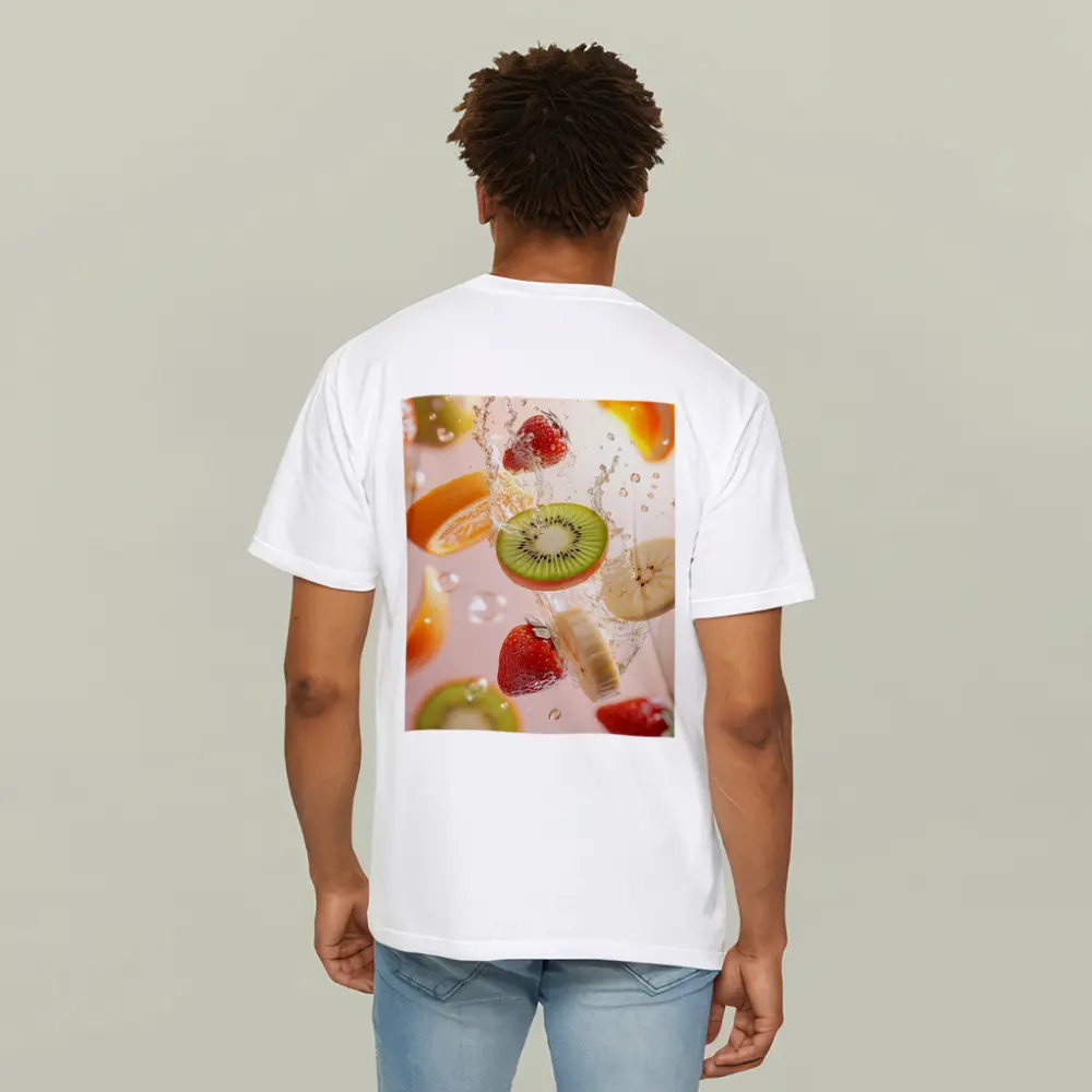 Fresh Fruits Splashing Water Pink Background – T-Shirts