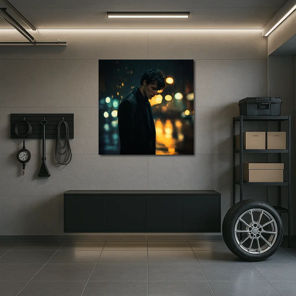 Young Man Standing Alone in Night Rain – Wall Art