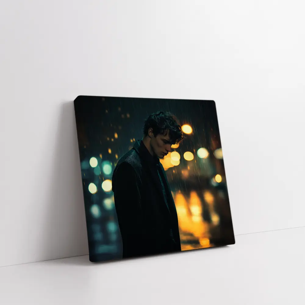 Young Man Standing Alone in Night Rain – Wall Art
