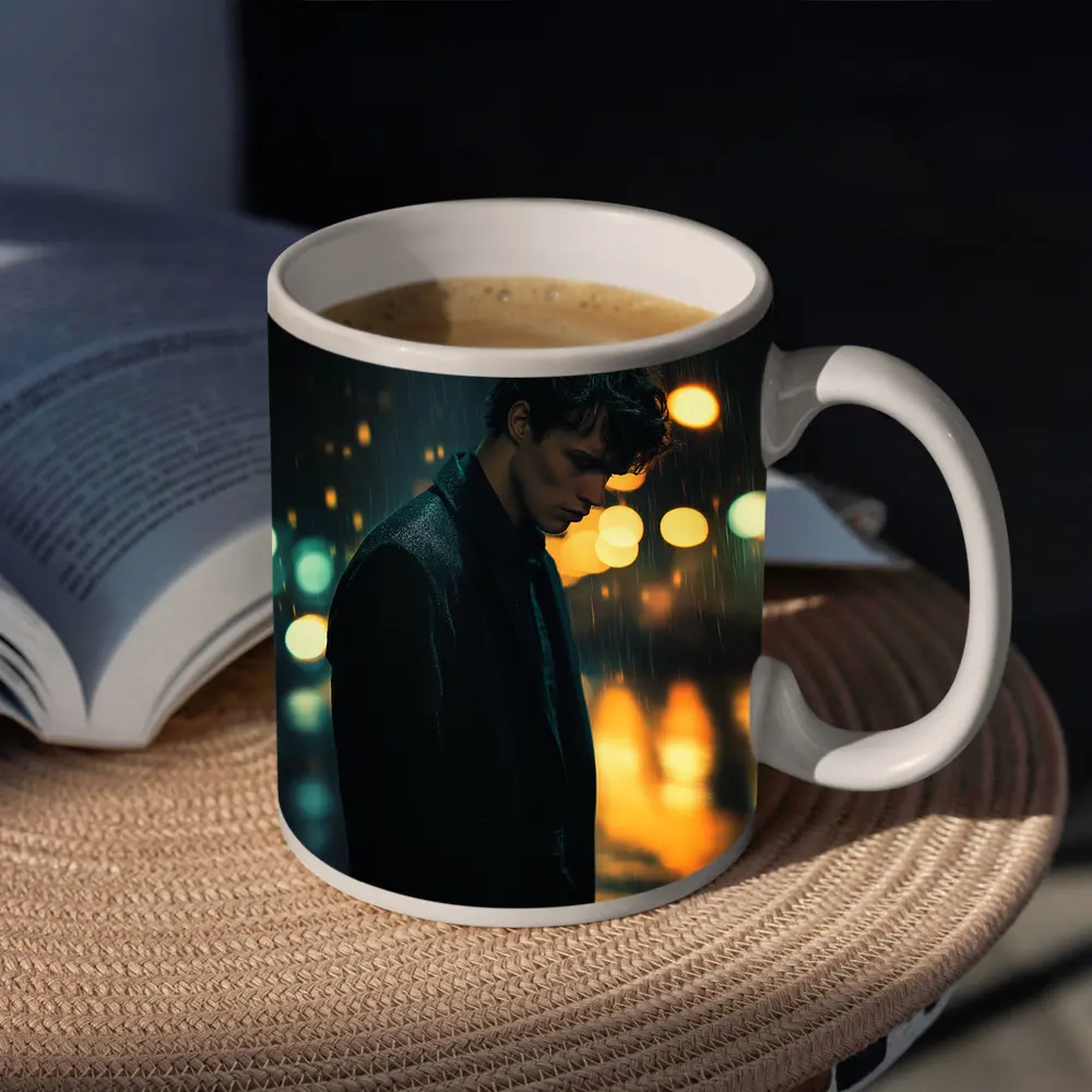 Young Man Standing Alone in Night Rain – Mugs