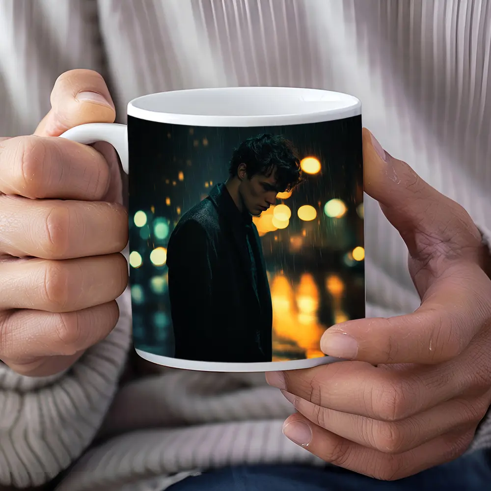 Young Man Standing Alone in Night Rain – Mugs