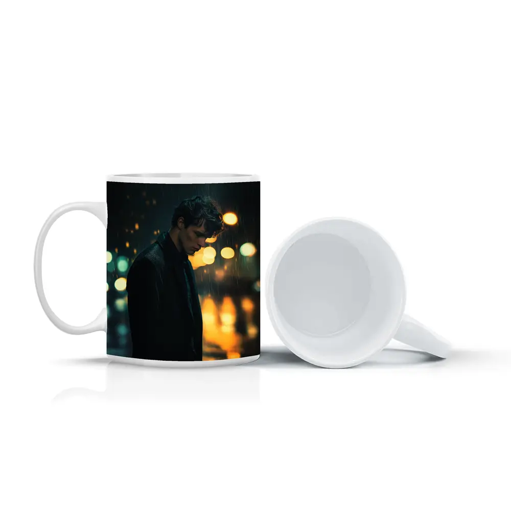 Young Man Standing Alone in Night Rain – Mugs